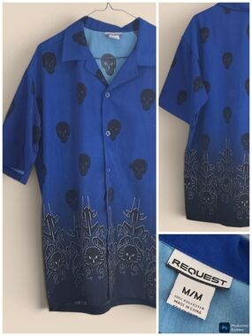 Request Blue Skull & Tribal Print Button Down Shirt